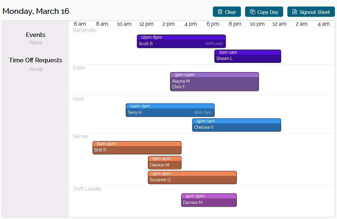 BarSight Restaurant Employee Scheduling - Day Schedule